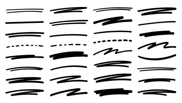 hand-drawn doodle vector set of underlines and highlights illustrated in a playful sketchy outline style isolated on white background