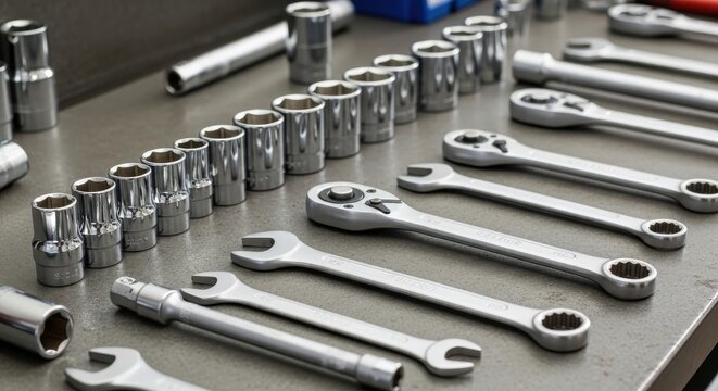Assortment of Polished Chrome Wrenches and Socket Heads Arranged on a Surface for Automotive Repair