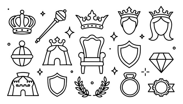 hand-drawn single line doodle vector set of royalty themed elements illustrated in a playful sketchy outline style isolated on white background