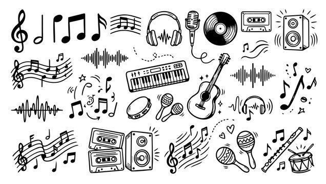 hand-drawn doodle vector set of music doodles illustrated in a playful sketchy outline style isolated on white background