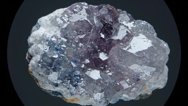 Close-up of a sparkling amethyst geode with purple and clear crystals, macro shot.