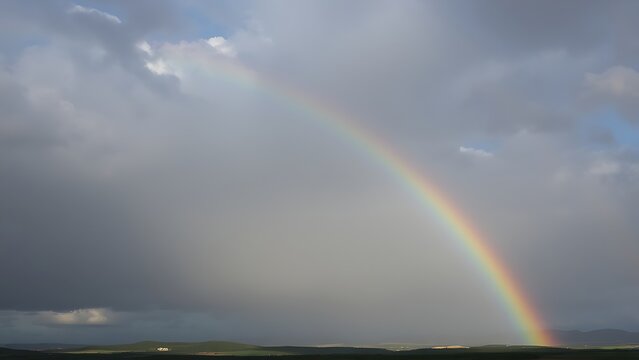 apterygote. A rainbow arching over a landscape as dark clouds part to reveal clear sky. ESG reports, sustainability campaigns, designed for environmental awareness campaigns, used by professors.