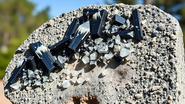 pegmatite. Granite pegmatite specimen with black tourmaline and white feldspar crystals. gardening catalogs, home-decor guides, designed for gardening and botanical catalogs, celebrates nature.