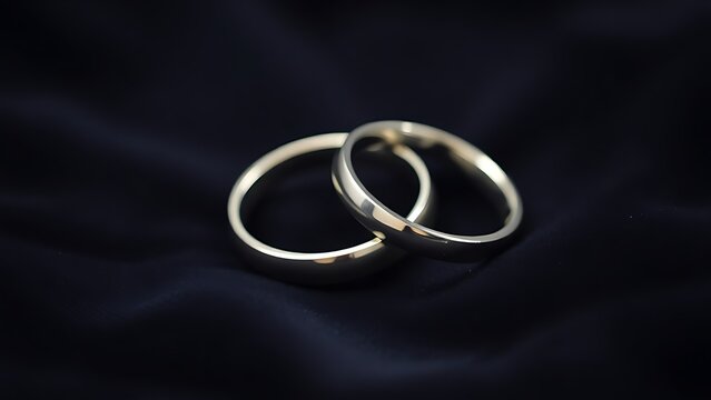 electroluminescence. Two silver wedding bands overlapping on dark velvet fabric. lifestyle magazines, social media lookbooks, designed for lifestyle magazines and social media content.
