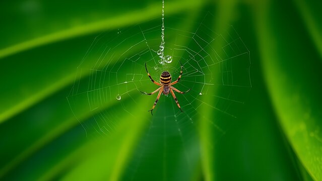 unobserved. A spider weaving a delicate web on a large green leaf with morning dew. wildlife magazines, conservation campaigns, designed for wildlife conservation campaigns, used by product managers.