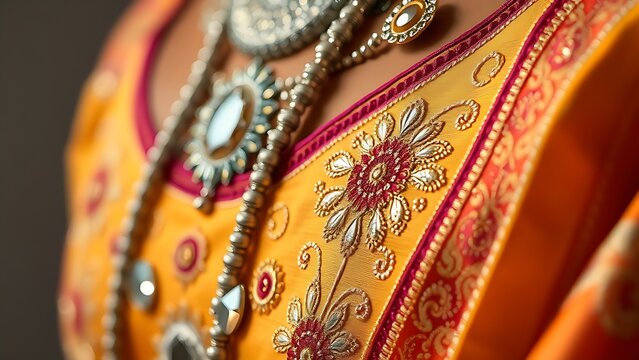 shockabsorber. Close-up of a traditional garment with intricate mirror work and silk embroidery. STEM education sheets, lab safety posters, designed for biotech research communications.