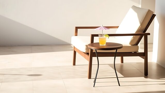 lanai. A lounge chair and side table with a drink on a tiled lanai in soft afternoon light. tourism brochures, itinerary planners, designed for hospitality marketing for hotel rooms and spa retreats.