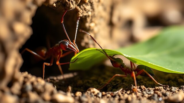 phonology. Ants communicating with antennae at nest entrance, coordinating to carry leaf fragment. wildlife magazines, conservation campaigns, designed for wildlife conservation campaigns.
