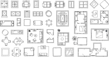 Obraz premium Collection of architectural floor plan symbols isolated on transparent background
