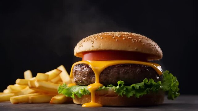 Slow motion tracking shot of cheeseburger with melting cheese and fries on dark studio table closeup