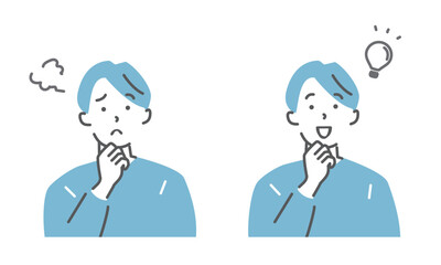 Fototapeta premium 悩みとひらめきの若い男性のイラスト素材セット