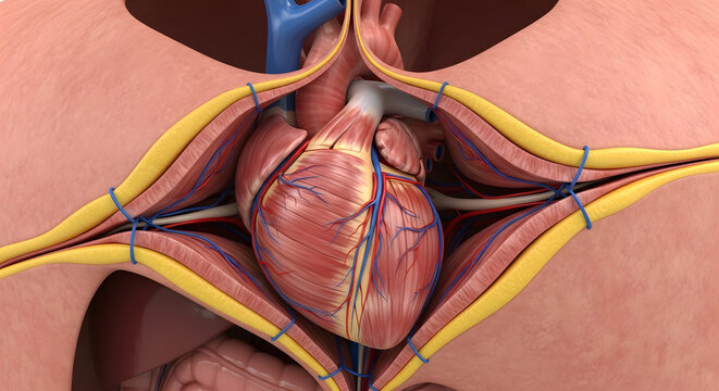 Open Chest Surgical View of the Human Heart and Vessels 3D