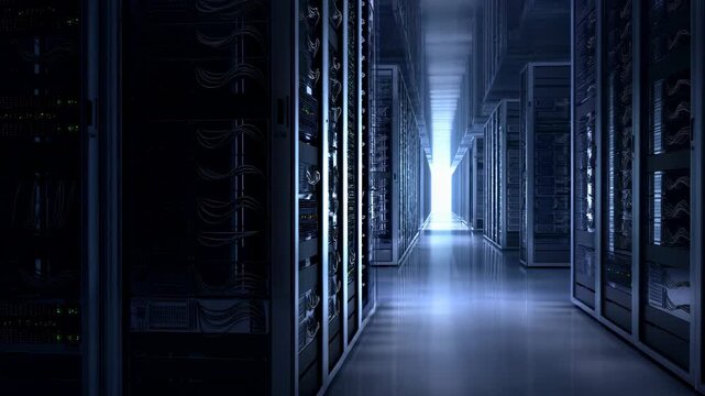 Tracking dolly slow motion tilt through server racks moving down data center aisle toward bright illuminated exit in cold blue server room corridor