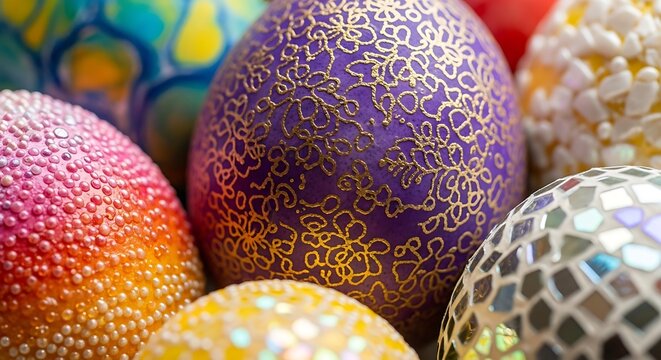 A close-up view of colorful Easter eggs with various decorative patterns and designs on their surfaces