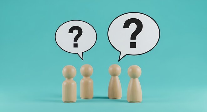 Four wooden figures discuss with speech bubbles containing question marks on a turquoise background with a white section below them.