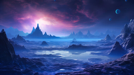 Fototapeta premium Surreal alien landscape with smooth crystalline hills and bioluminescent ground patterns