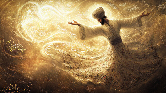 A stylized Sufi dervish dancing in the wind, deep spiritual connection concept