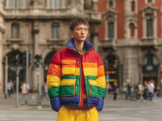 Fototapeta premium Man wearing oversized bright primary color puffy down jacket on urban street corner during overcast daylight