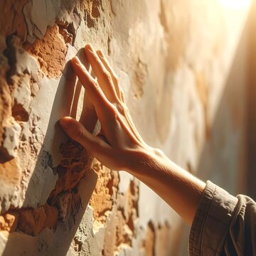 A hand touching a wall with peeling paint