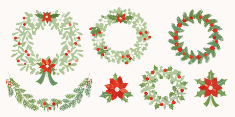 Collection of festive holiday wreaths and garlands with red berries © Bivuti