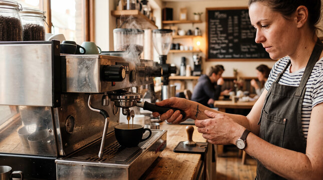 A barista prepares espresso at a coffee machine in a cafe with patrons in the background
