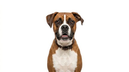 Obraz premium A curious brown and white boxer dog with an open mouth looks directly at the camera, captured in a studio portrait with a clean white background.