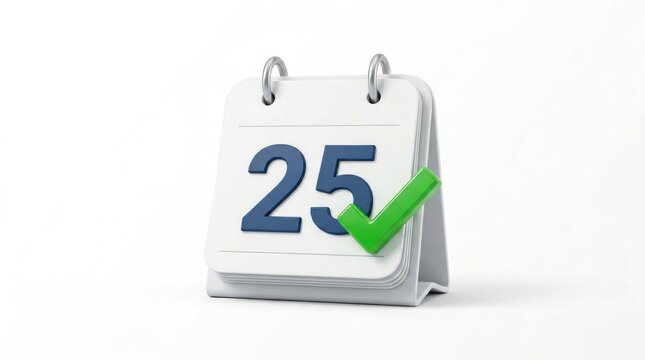 A 3d rendering of a calendar page showing the 25th day with a green checkmark, symbolizing completion and punctuality against a clean white background.