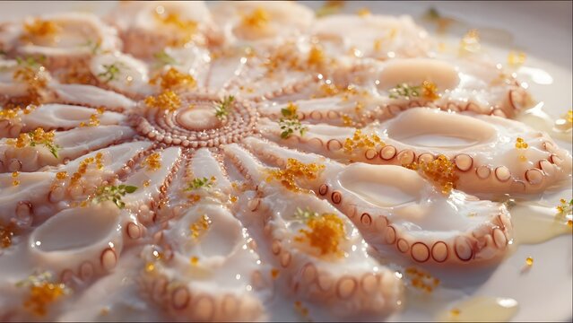 Gourmet octopus carpaccio served with fish roe and microgreens on a white plate