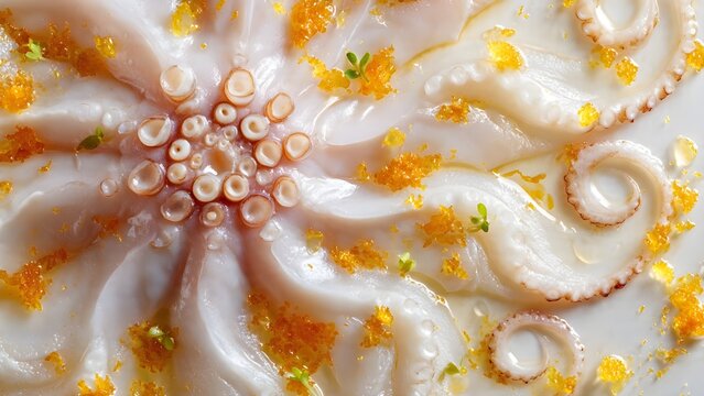 Top view of fresh octopus carpaccio with bottarga and microgreens on white plate