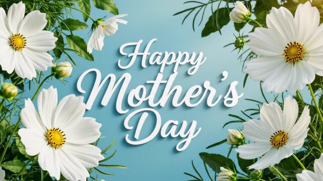 Happy Mother's Day text with white cosmos flowers