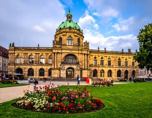 Fototapeta premium Large, classic, stone building with a green dome and flowerbeds