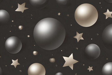 Naklejka premium Seamless Y2K geometric pattern with chrome 3D spheres and stars on dark metallic background