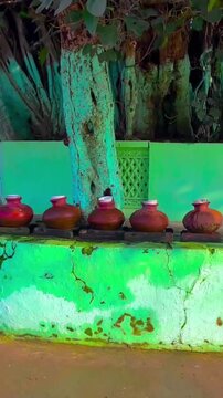 Handmade earthenware vessels kept for drinking water."