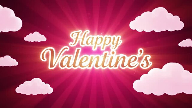 Happy Valentine's text with clouds and glowing light rays