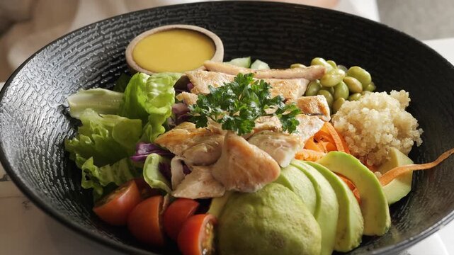Balanced nutrition concept for healthy lifestyle and mindful eating Fresh ingredients support healthy habits healthy choices healthy body Close up of balanced meal promoting wellness and vitality