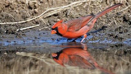 Obraz premium Red Cardinal Drinking Water By The Water