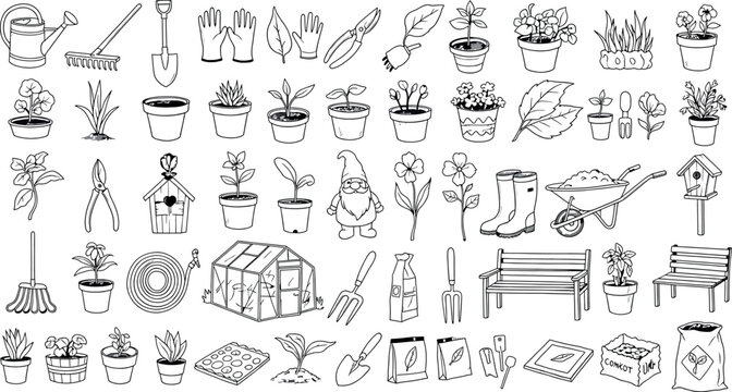 Gardening tools and supplies isolated on transparent background