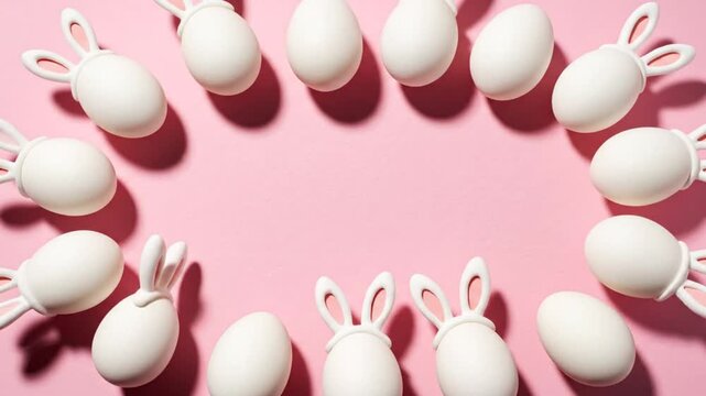 Easter eggs and bunny ears arranged in a circular frame on a vibrant pink background for spring holiday