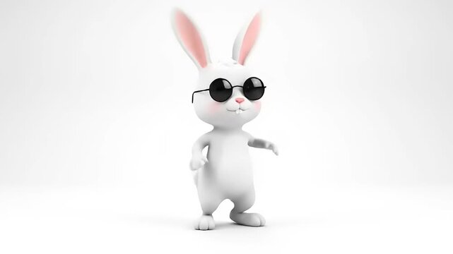 Cute cartoon bunny wearing sunglasses, posing confidently, cheerful, isolated against white. 3D rendering style for Easter, Spring.