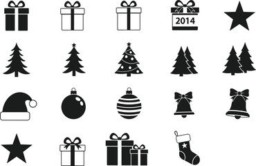 Fototapeta premium Christmas icon silhouettes set, gift box tree ornament bell stocking star Santa hat holiday black vector collection isolated design