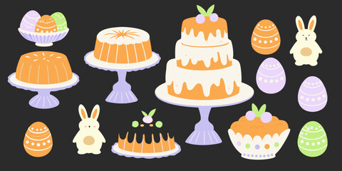 Colorful easter treats and a bunny illustration on a dark background