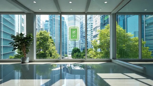 Modern Office Space with Glass Windows and Cityscape View