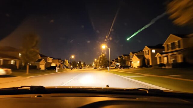 Nighttime drive through suburban neighborhood with illuminated streetlights and houses, showcasing a clear road and parked cars along the sides