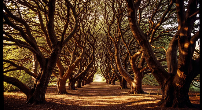 Tree Tunnel Avenue: A captivating avenue of majestic trees, their branches intertwined to form a natural tunnel that beckons towards a distant, sunlit horizon.