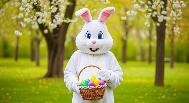 A person dressed in a white Easter bunny costume holding a basket of colorful eggs in a park with blooming trees