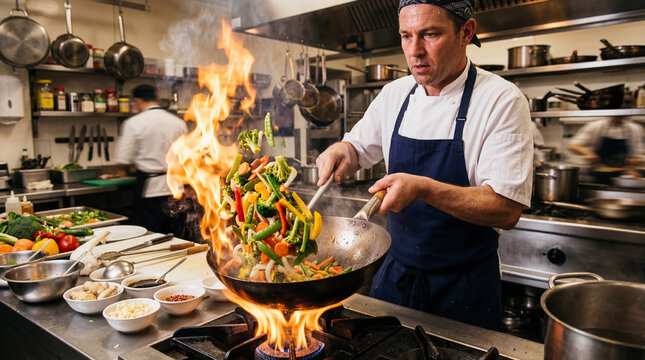 A chef cooks vegetables in a wok over high flames in a professional kitchen