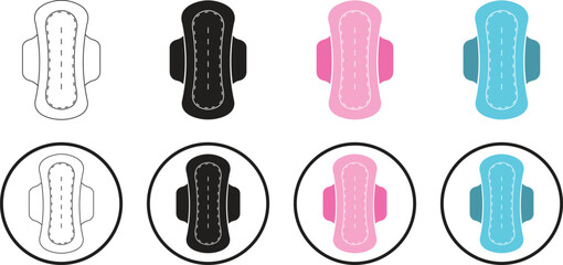 Feminine hygiene pad icon set with colorful and black silhouette symbols. Menstrual protection products for women healthcare. Sanitary towel design elements for period care and wellness. © Mon Amour