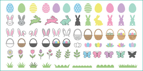 Mega bundle of pastel spring and Easter element vector illustrations.