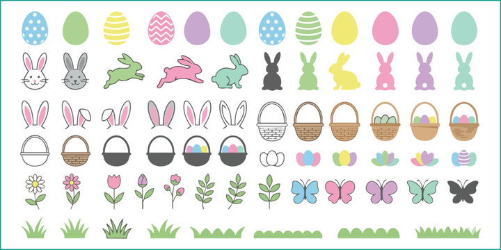 Mega bundle of pastel spring and Easter element vector illustrations.