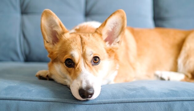 A close up cute corgy lay down on the sofa